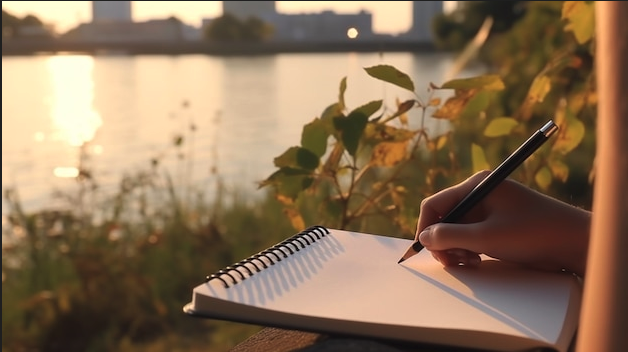 Person writing in notebook by lake